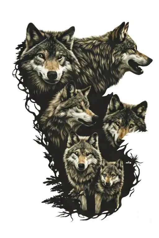 Wolf Pack Woods 2 Adults 3 Cubs Playing