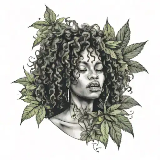 Curly Hair Black Woman Smoking Joint With Weed Leaves Around The Bottom
