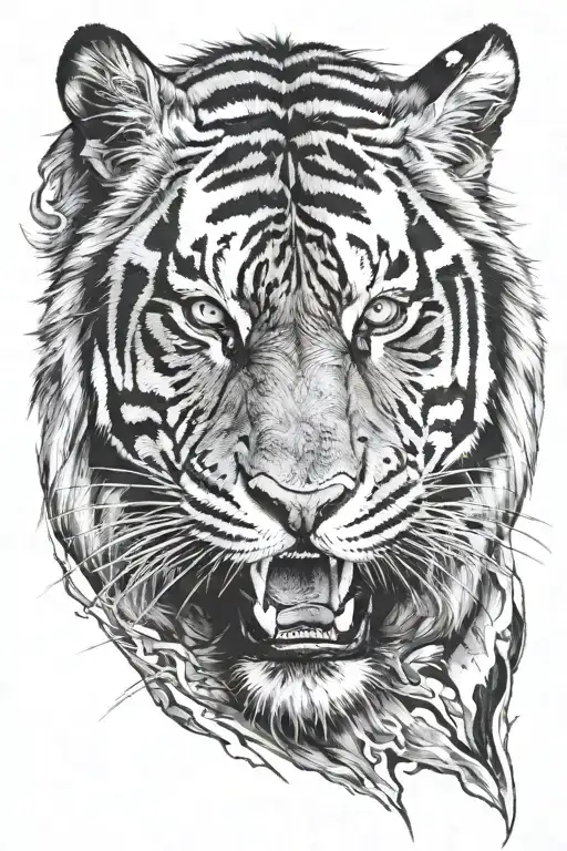A Growling Tiger Face In Black And White