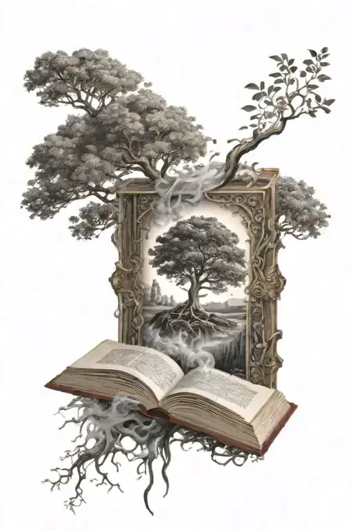 An Intricate Design Of A Mystical Book Opening To Reveal A Tree Inside With Smoke Swirling Around It