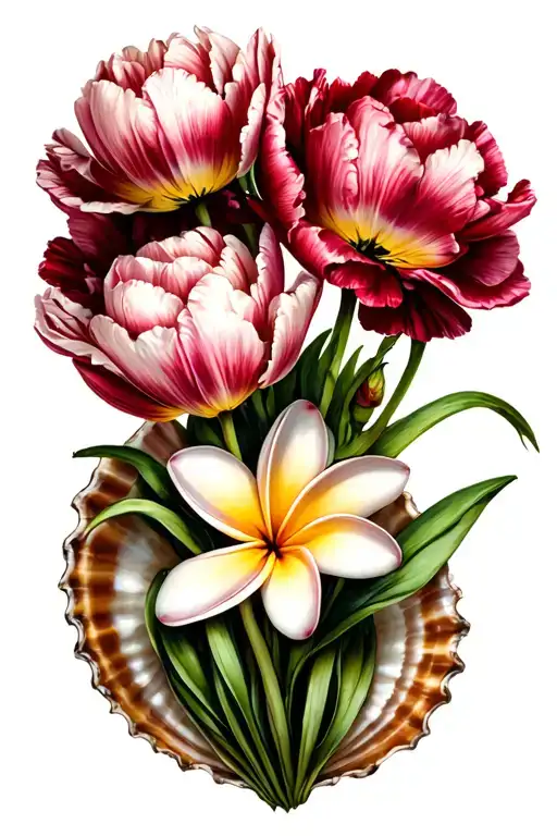 Tulips Hicibus Carnations Plumeria Growing Out Of A Conch Shell