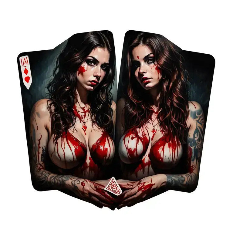 Sexy Bloody Two Women With Playing Cards