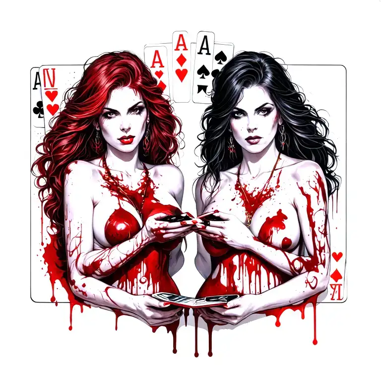 Sexy Bloody Two Women With Playing Cards Playing