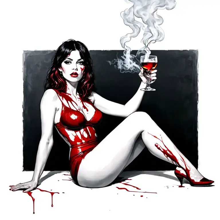 Sexy Bloody Woman Sitting Alcohol Smokes