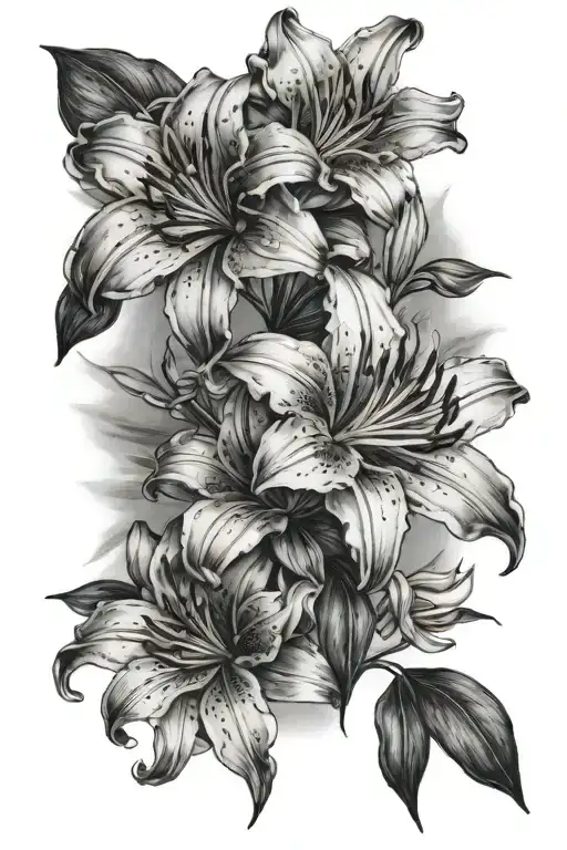 Three Lily Tattoo With A Sketch-style Background Of The Client's Hobbies