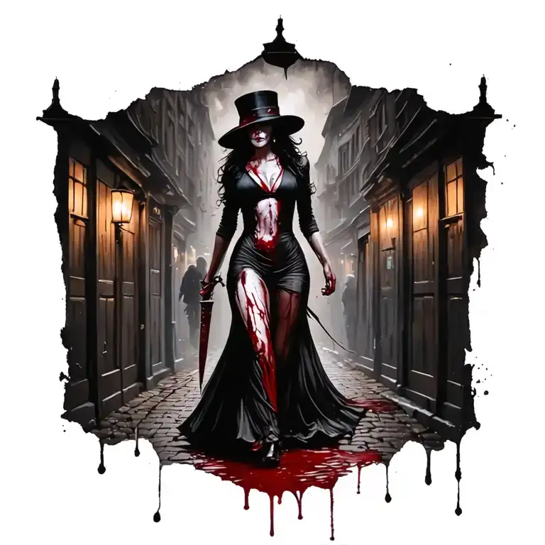 Woman Wearing Hat Bloody Knife Jack The Ripper Walking Away From People