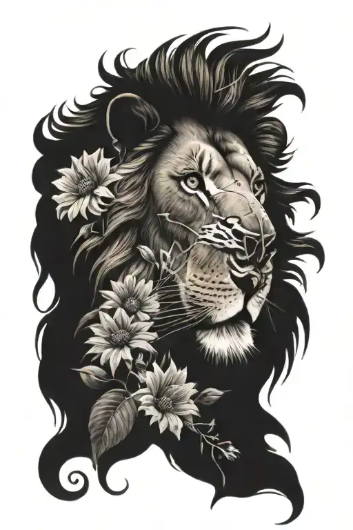 Lion Statue With Morning Glory And Aster Flowers Around The Bottom