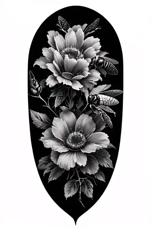 Floral With Insects Black Grey