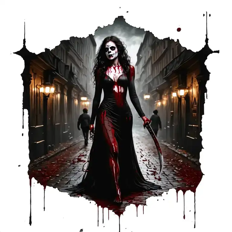 Woman Bloody Knife Full Body People Jack The Ripper Walking Away