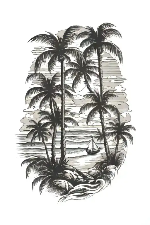 Family Beach Scene With Palm Trees