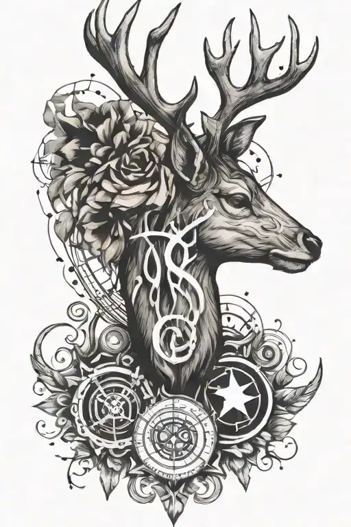 An Edgy Tattoo Design Combining A Deer Silhouette With Rock Music Symbols