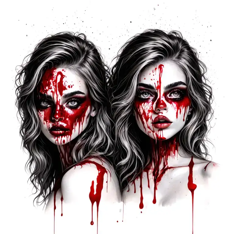 Sexy Bloody Two Women Big Background Looking Through Lens