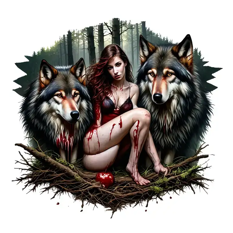 Sexy Bloody Women Background In The Forrest With Wolves