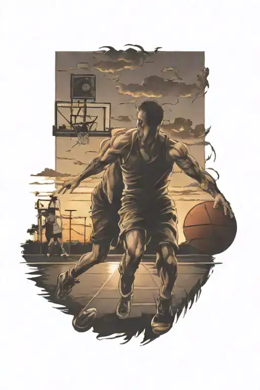 Brother Playing Basketball In The Sunset Reflecting