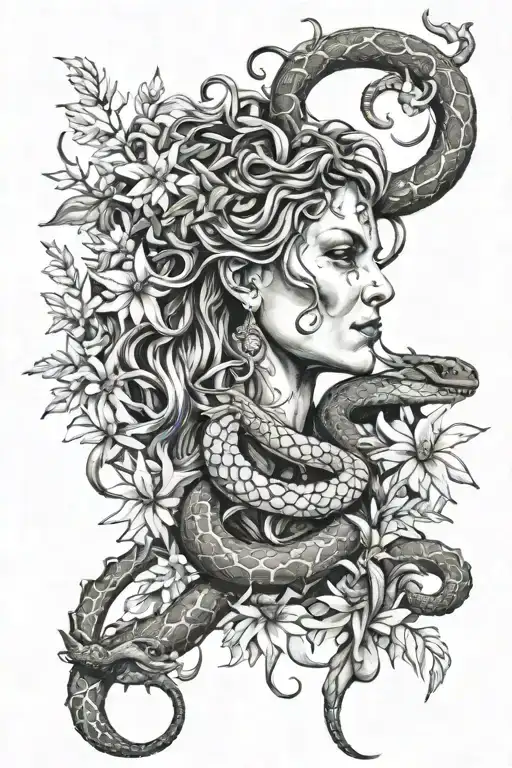 Angry Medusa With Various Snakes And Wildflowers And Crysals