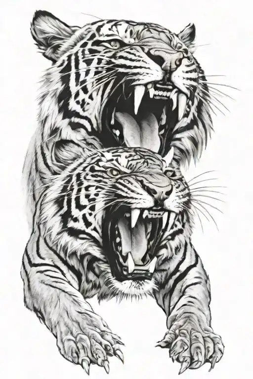 A Growling Tigers Face Centered In Black And White