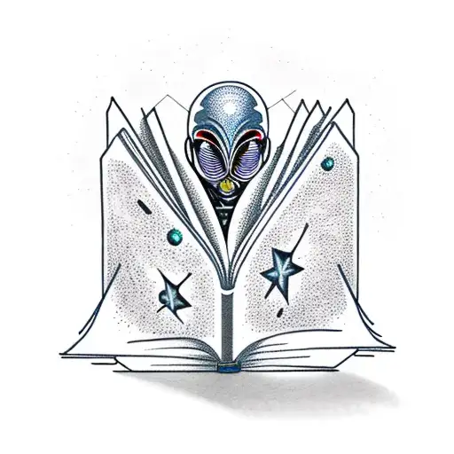 A Futuristic Alien Reading A Book Surrounded By Stars