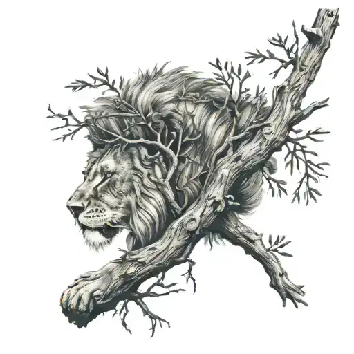 Lion Laying In Branches Of A Juniper Tree With Mountains In The Background