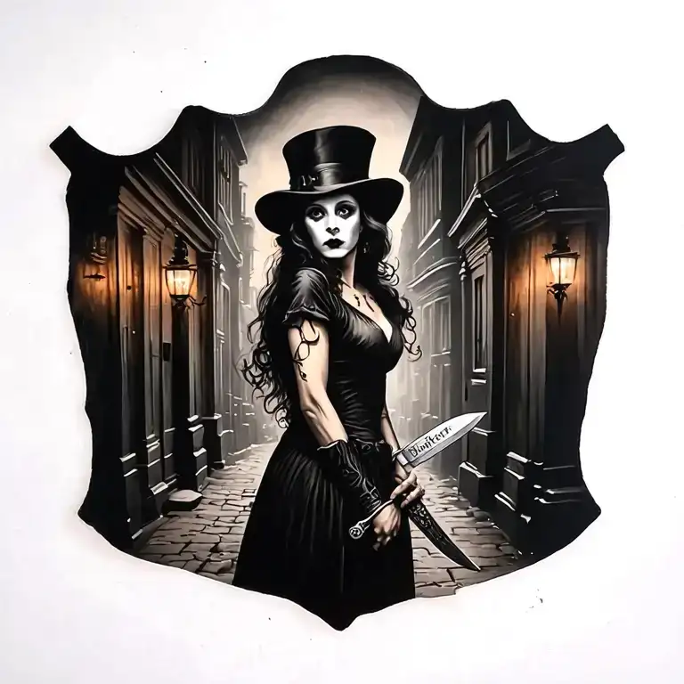 Woman With Knife And Jack The Ripper In Background