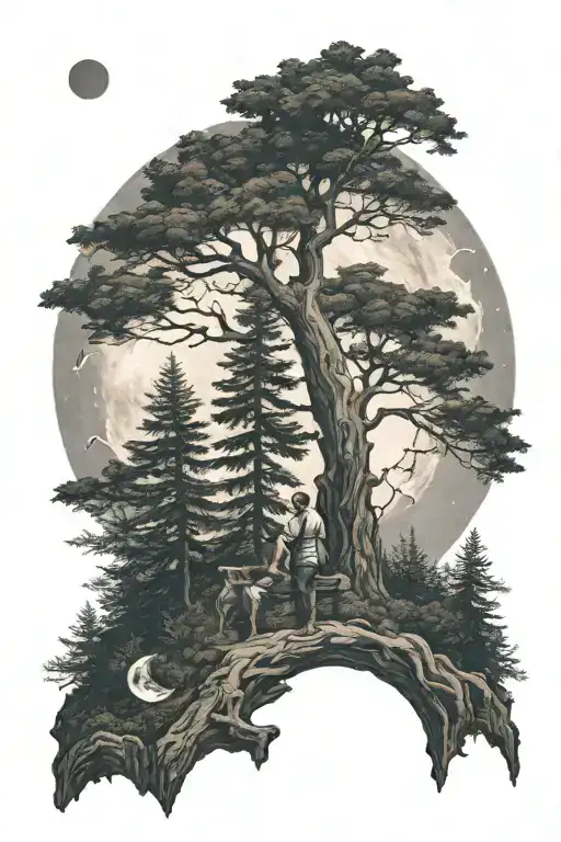 A Mystical Forest Scene With A Couple Gazing At The Moon
