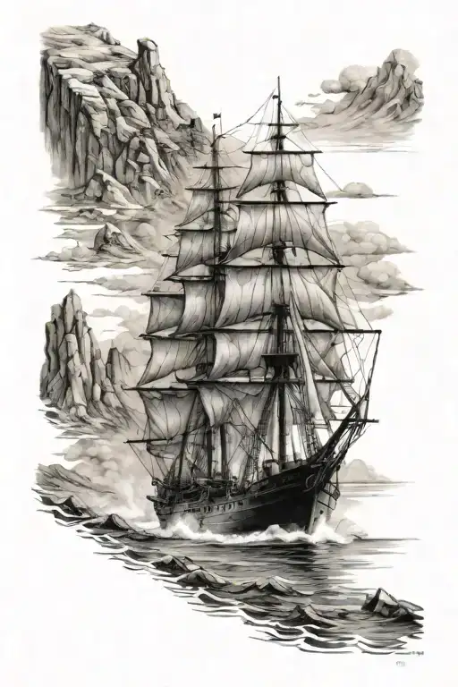 A Realistic Depiction Of A Military Ship Sailing Through A Mountainous Landscape