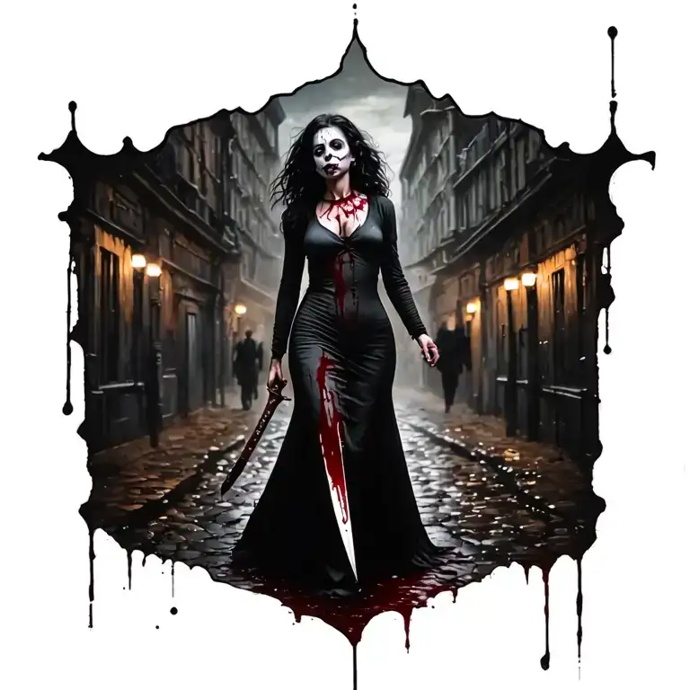 Woman Bloody Knife Jack The Ripper Walking Away
