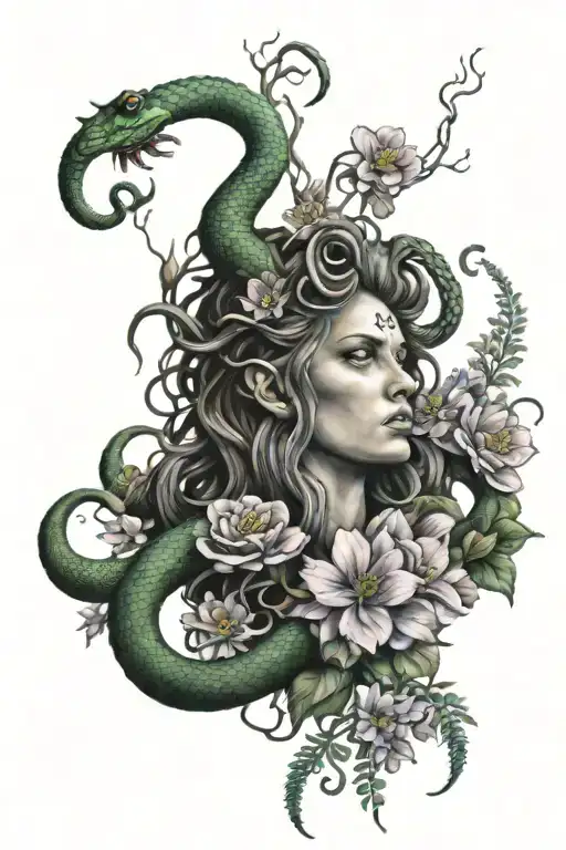 Angry Medusa With Snakes And Wildflowers