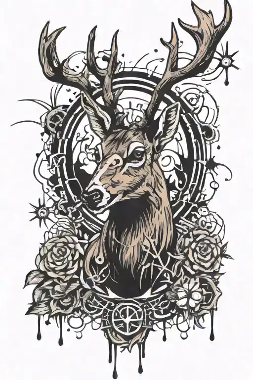 An Edgy Tattoo Design Combining A Deer Silhouette With Punk Rock Music Symbols