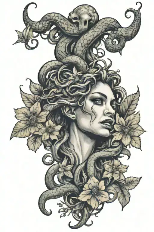 Angry Medusa With Snakes And Wildflowers