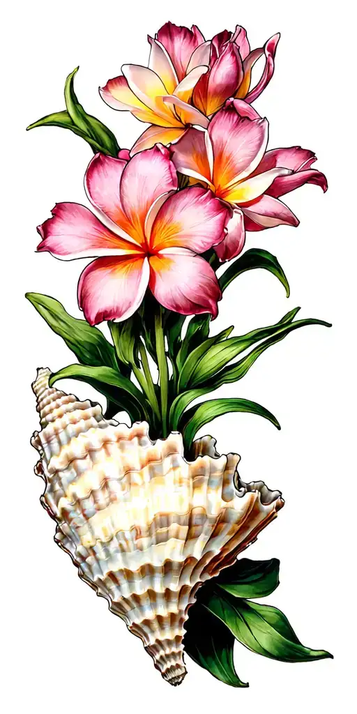 Tulips Hicibus Carnations Plumeria Growing Out Of A Conch Shell