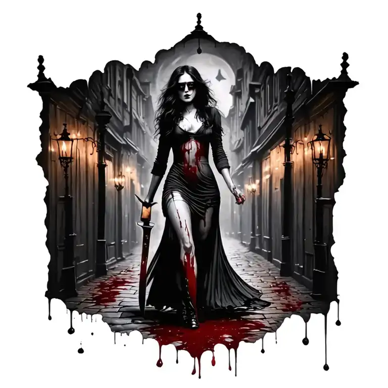 Woman Hat Bloody Knife Jack The Ripper Walking Away From People