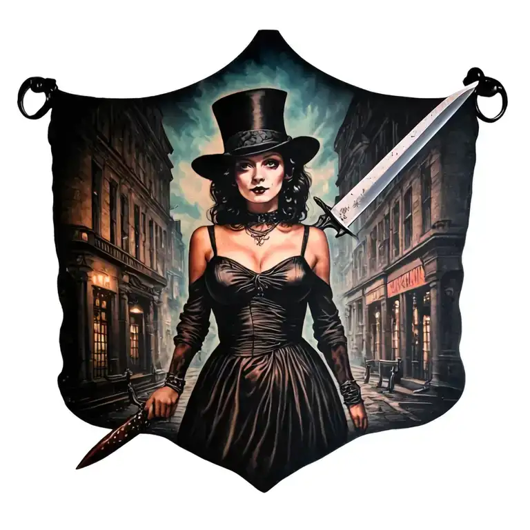 Woman With Knife And Jack The Ripper In Background