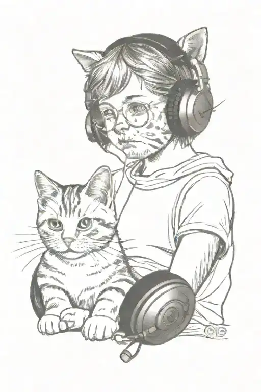 Cat Wearing Headphones And Listening Watching Brother And Sister Playing In The Sunset