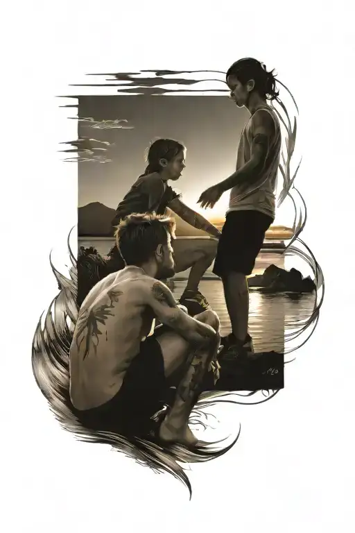 Brother And Sister Playinin The Sunset Reflecting Each Other Across