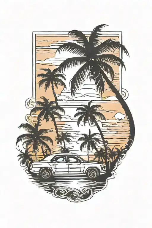 Sunset Palm Trees Car Driving