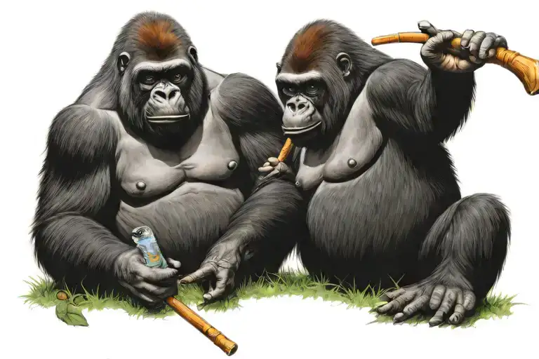Adult Gorilla And Baby Gorilla Sitting Beside Each Other On Grass Smoking Peace Pipes