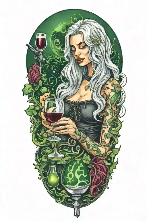 Long Silver Haired Young Girl Drinking Green Plasma From A Wine Glass In A Musical Background