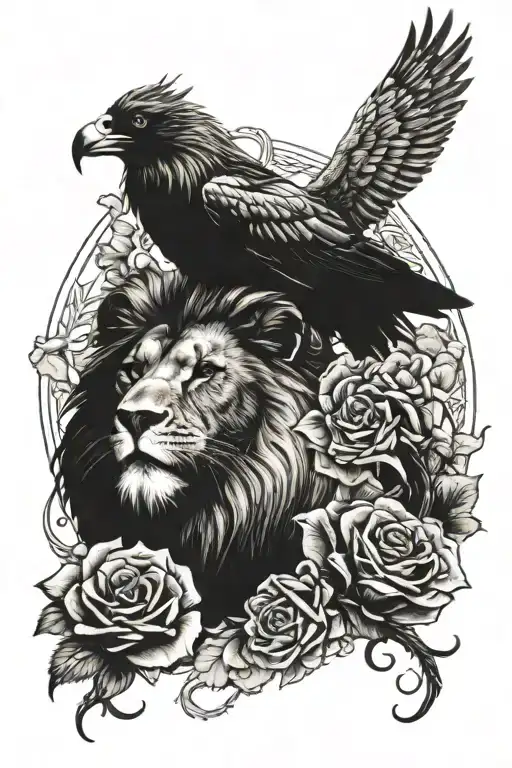 Crowned Lion And Black Raven And Scorpio Zodiac And Roses