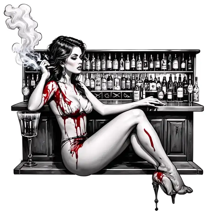 Old Bar Sexy Bloody Woman Sitting Alcohol Smokes