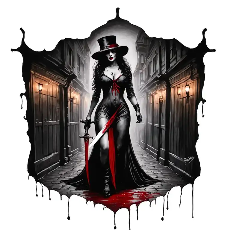 Woman With Knife And Jack The Ripper In Background