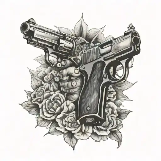 Matching Tattoo With Characters Holding Gun