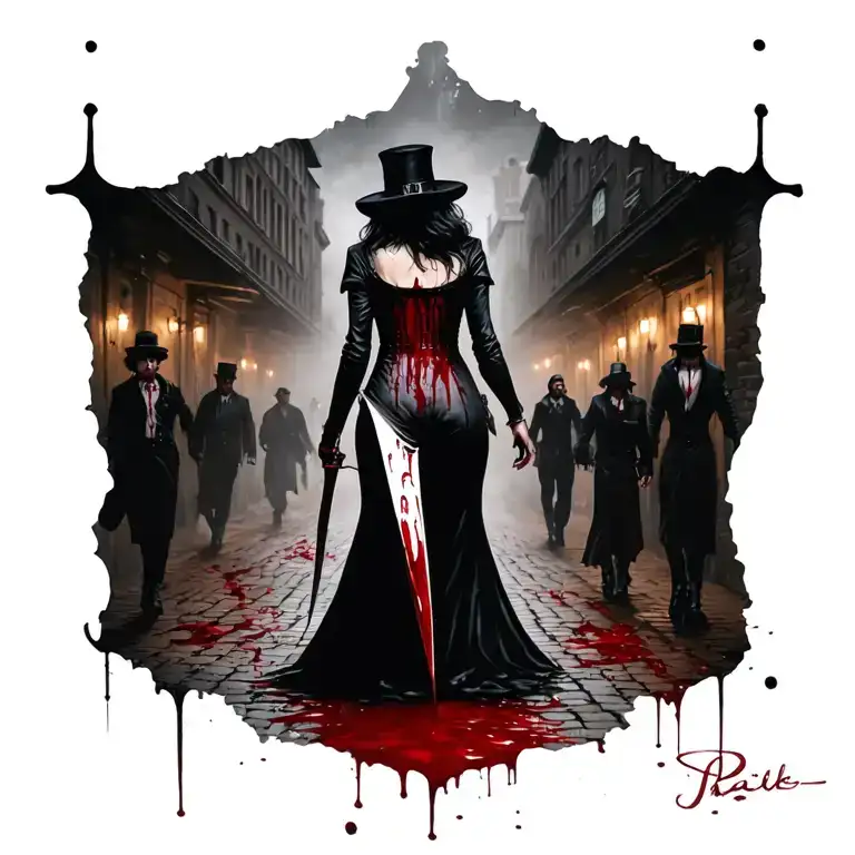 Front Woman Bloody Knife Jack The Ripper Walking Away From People