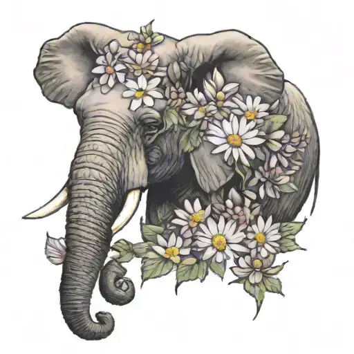 Elephant Head With Aster Flowers And A Four Leaf Clover