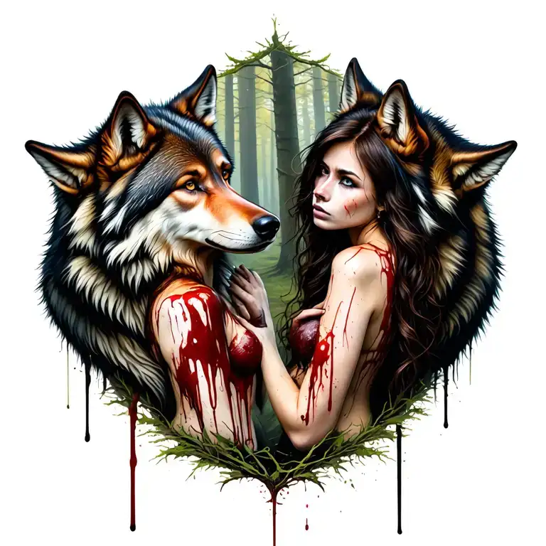 Sexy Bloody Two Women Background In The Forrest With Wolves