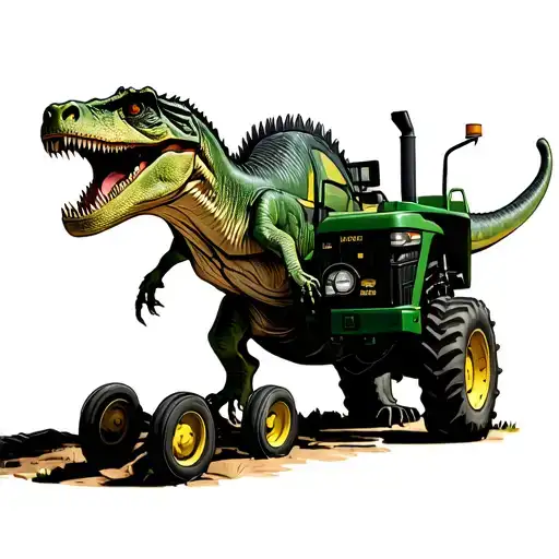 Tranosaurus Rex Driving A John Deer Tractor