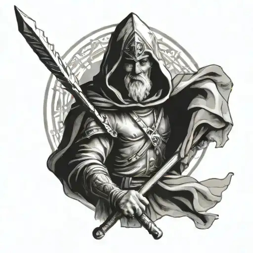 Black And White Hooded Saint Christopher Holding Trident