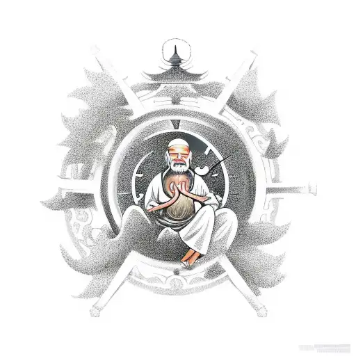 Oriental Old Man Meditating Under A Tree Holding A Clock