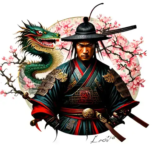 Samurai Warrior With Cherry Blossom And Dragon Wrapped