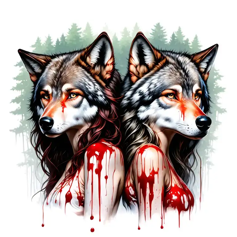Sexy Bloody Two Women Big Background In The Forrest With Wolves
