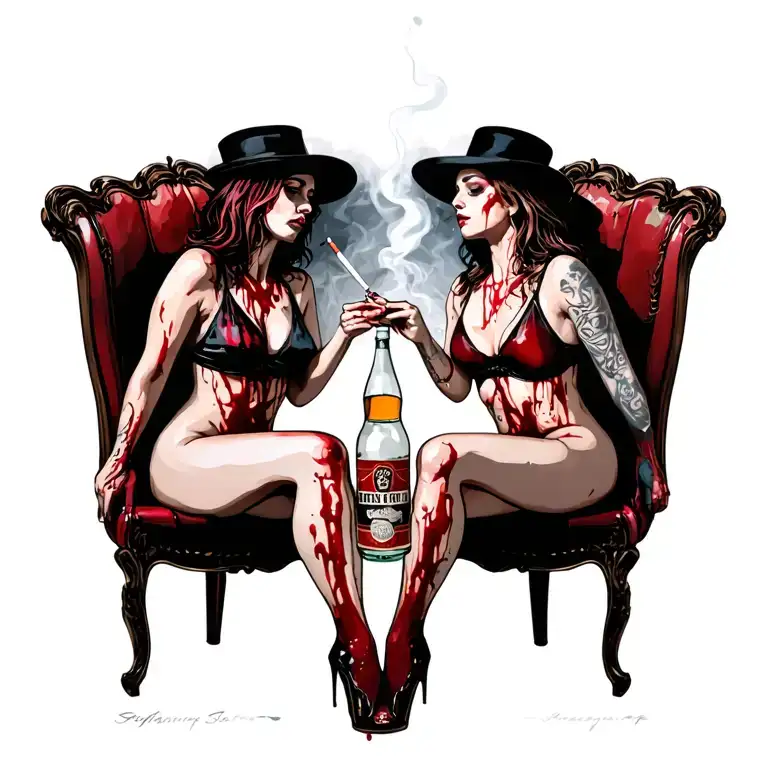 Sexy Bloody Women Sitting Alcohol Smokes Cigarette
